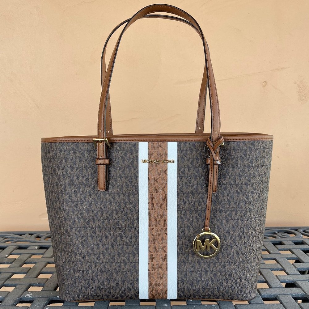 Michael Kors Jet Set Travel MD Carryall Shoulder Tote Bag Center Stripe MK Brown